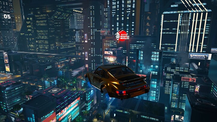 𝟰𝗞𝟲𝟬𝗣 Cyberpunk 2077 Mobil terapung melintasi kota malam dan pemandangan malam yang mengejutkan berk