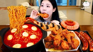 ASMR MUKBANG| 직접 만든 불닭볶음탕면 양념치킨 소세지 먹방 & 레시피 FRIED CHICKEN AND FIRE NOODLES EATING