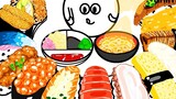 Anime mukbang makan mi dan sushi yang menenangkan