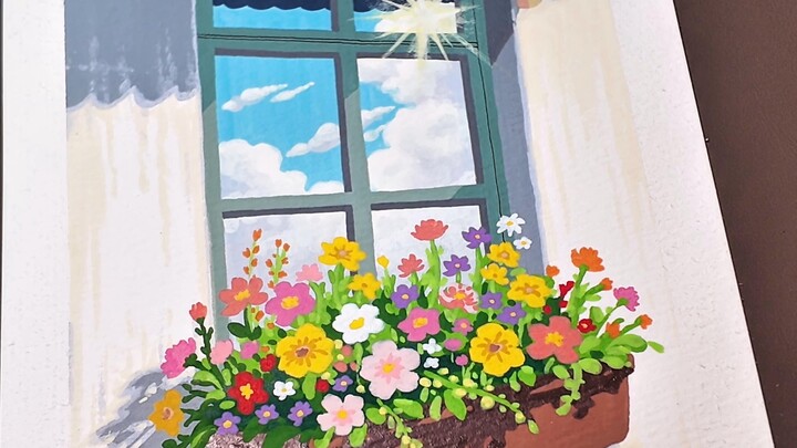 丙烯马克笔手绘夏日花窗，一起来画画吧