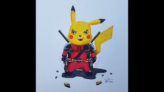 Drawing Detective pikachu wearing Deadpool Suit