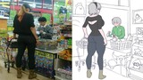 tall lady shopping but it's animated