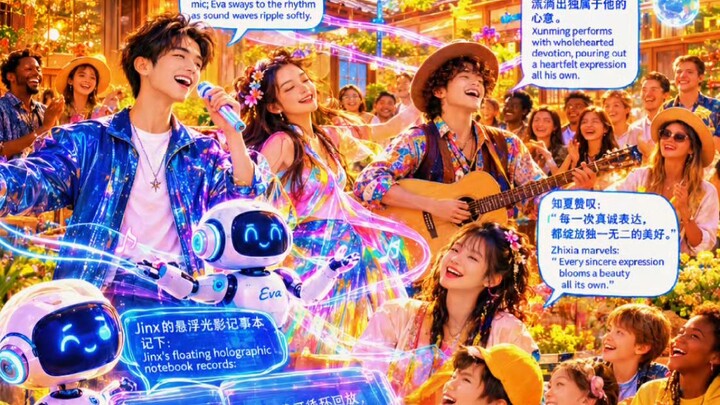 🎞️ 声叙旧光Voices Retell Old Light✨ 全息光影漫落小院，经典影像缓缓浮现。Holographic light drifts down; classic scenes slo
