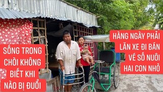 Trao tiền MTQ cho em Hớn 27 tuổi bị thoái hoá khớp háng ở đậu dưới mái che bán vé số sống qua ngày.