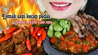 TETELAN SAPI KECAP PEDAS, SAMBEL PECAK CUMI ASIN, LALAPAN PETE | EATING SOUND