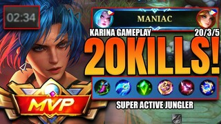Maniac in 2 minutes!!! | 20/3/5 KDA | Super Active Jungler | #Karina Gameplay #MLBB