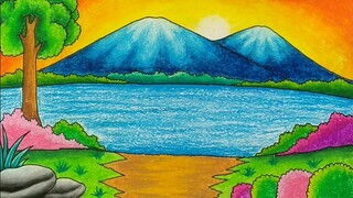 Menggambar pemandangan gunung || Cara menggambar gunung yang mudah