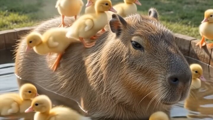 "水豚：我只是个100多斤的孩子，为什么要承受这个年纪不该有的热闹？🦆😂"