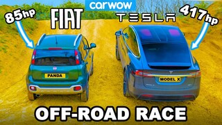 Tesla Model X v Fiat Panda Cross: UP-HILL DRAG RACE & which is best OFF-ROAD!