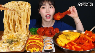 ASMR มุกบัง โฮมเมดครีมพาสต้า Tteokbokki ไก่ปรุงรส Gimbap Mukbang & สูตรไก่ทอดและ Tteokbokki EATING