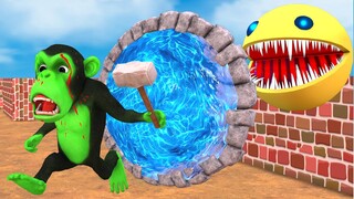 Monster Packman Run away From Funny Monkey Temple Run | Zombie Monkey Save Cow Cartoon From Packman