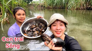 Một ngày của 2 chị em Đi mò Con Trai Sông , xuống nhà Bà Nội nấu cháo