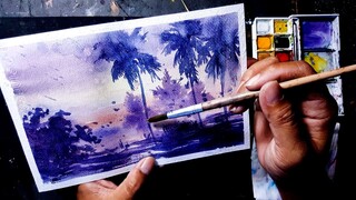 Melukis pantai dan pohon kelapa | How to use watercolor