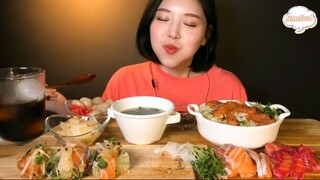 Cơm cá hồi, sushi cá hồi, kim chi trắng, canh rong biển 3 #amthuc