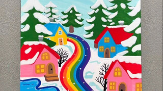 丙烯马克笔画冬天风景主题画，把冬天的浪漫狠狠拿捏住！#冬天主题画 #少儿美术 #创意美术