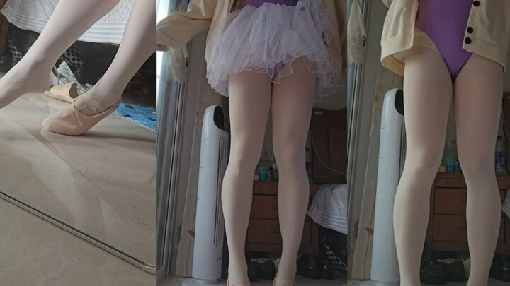 Trang phục múa màu tím cho bé trai, kèm váy lưới trắng và tất múa màu hồng nhạt