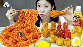 ASMR MUKBANG| 직접 만든 크림 불닭볶음면 양념치킨 치즈볼 & 레시피 FRIED CHICKEN AND FIRE NOODLES EATING