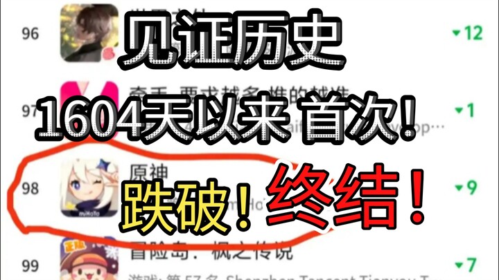 见证历史！时隔1604天，原神首次叠破全国前百！我们所见证的米哈游统治二游的时代即将终结！