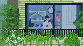 Musim semi, hujan ringan, di dalam ruangan, kopi, musik, tanaman hijau//Lofi & Pixelart