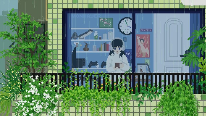 春天，小雨，室内，咖啡，音乐，绿植//Lofi & Pixelart