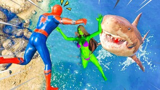 HOMEM ARANHA JOGOU A SHE HULK PARA OS TUBARÕES MEGALODON no GTA 5