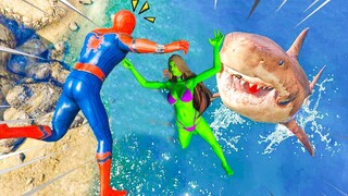 HOMEM ARANHA JOGOU A SHE HULK PARA OS TUBARÕES MEGALODON no GTA 5