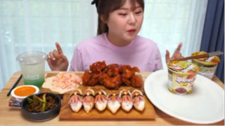 Mukbang  GÀ CAY KHÔNG XƯƠNG, MÌ LY CHAPAGHETTI VÀ CƠM NẮM BẠCH TUỘC #amthuc #monngon