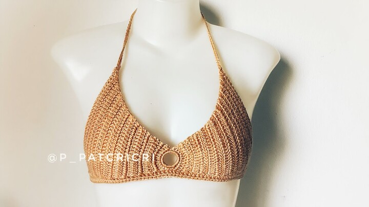 ถักโครเชต์บิกินี่(ท็อป)แบบง่ายตกแต่งด้วยห่วง/Crochet top with middle ring