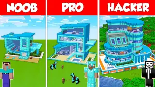 DIAMOND MODERN BASE HOUSE BUILD CHALLENGE - NOOB vs PRO vs HACKER / Minecraft Battle Animation