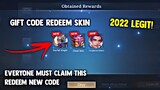 GIFT CODE FREE CLAIMMABLE LEGEND SKIN AND CHEST SKIN! REDEEM CODE (CLAIM NOW!) | Mobile Legends 2022