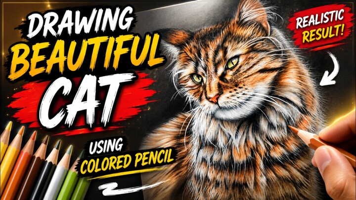 Drawing a beautiful cat using colored pencils.