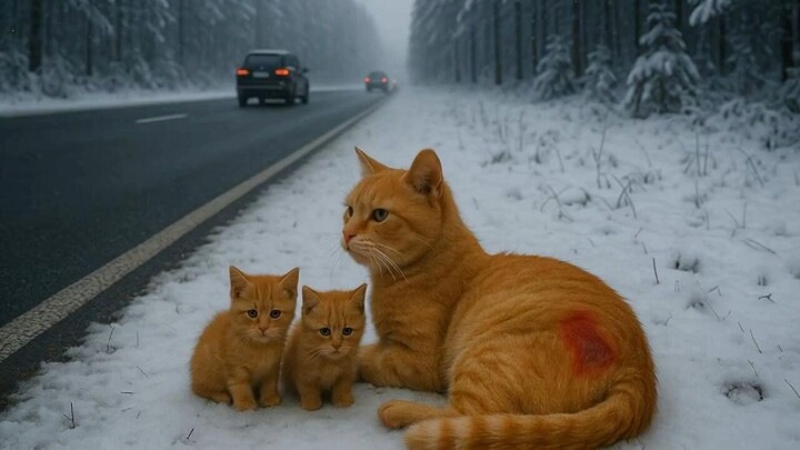 A Kind Man Saved an Injured Mama Cat and Her Kittens from the Cold Roadside ❤️