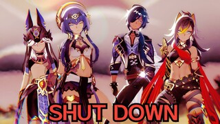 【原神MMD】穿金戴银黑皮组~凯亚&赛诺&迪希雅&坎蒂丝的 SHUT DOWN