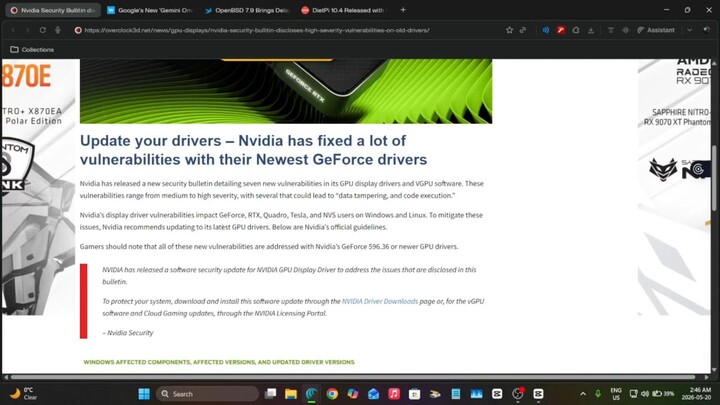 Nvidia has fixed a lot of vulnerabilities with their Newest GeForce drivers