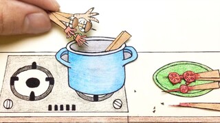 [Hoạt hình stop-motion vẽ tay] Bắt đầu bằng cách lấy xiên từ máy gắp và nấu một nồi xiên thơm và cay