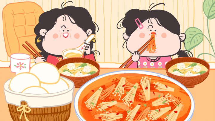 -Yoki Family Animation Series｜My mom and I’s immersive spicy enoki mushroom and tofu soup~