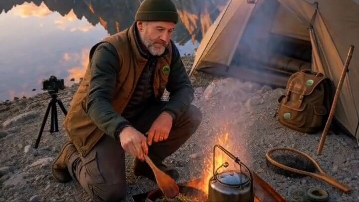 Still water, warm fire, and dinner by the mountains. 🎣🔥🏔️