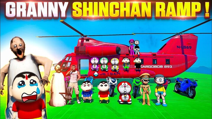 Granny😱😥 Double Mega Ramp Challenge With Shinchan Doraemon & Little Singham😱 Full Fun🤣