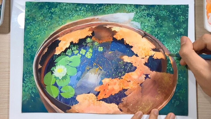 Proses cat air buram yang dilukis dengan tangan "Rebusan Sayuran Daun Teratai"