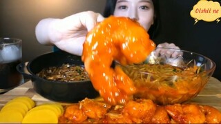 Mì tương đen hải sản, tôm chiên cay 2 #amthuc