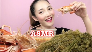 SAW ASMR MUKBANG เสียงกิน|ขันติสาหร่ายพวงองุ่น กุ้งแม่น้ำ น้ำจิ้มซีฟู้ด SEAGRAPES|•EATING SOUND•ซอว์