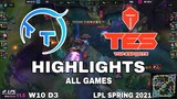 Highlight TES vs TT All Game LPL Mùa Xuân 2021 LPL Spring 2021 Top Esports vs ThunderTalk Gaming