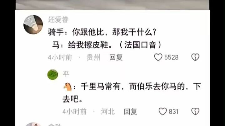 Rider: If I’m compared to him, then what’s the point of me doing anything? Horse: Just polish my sho