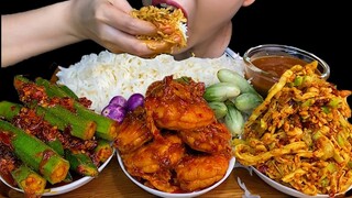 MUKBANG EATING||SPICY PRAWN CURRY, SPICY LADY FINGER CURRY, SPICY BAMBOO SHOOT SALAD