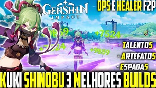 AS MELHORES BUILD F2P Para KUKI SHINOBU ! SUB DPS e HEALER, ARTEFATOS E ESPADA- Genshin Impact Guia
