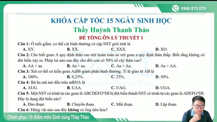 Tổng ôn lí thuyết sinh học đề số 01