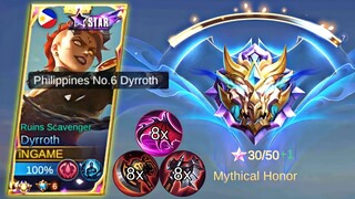 NEW RANK MYTHIC HONOR DYRROTH + NEW RED BUILD & EMBLEM LIFESTEAL HAACCKKKK!!