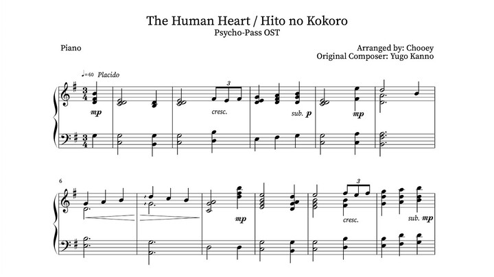 "The Human Heart / Hito no Kokoro" - Psycho-Pass OST (Piano Sheet Music)