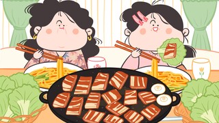 -yoki一家动画连载｜我和老妈的沉浸式烤五花肉和爆辣炒米粉～