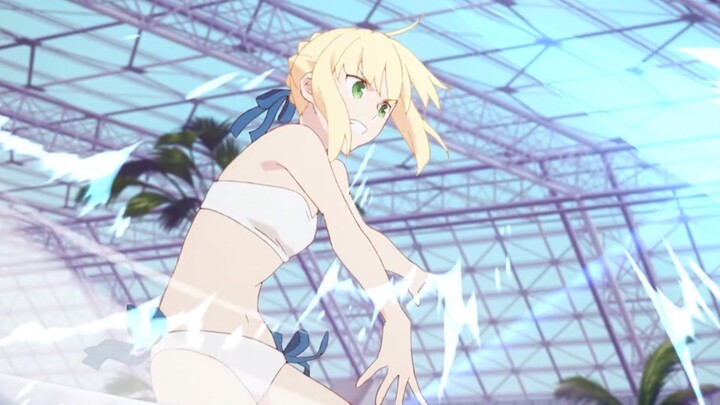 It's like a fight between gods! Saber plays beach volleyball in a swimsuit